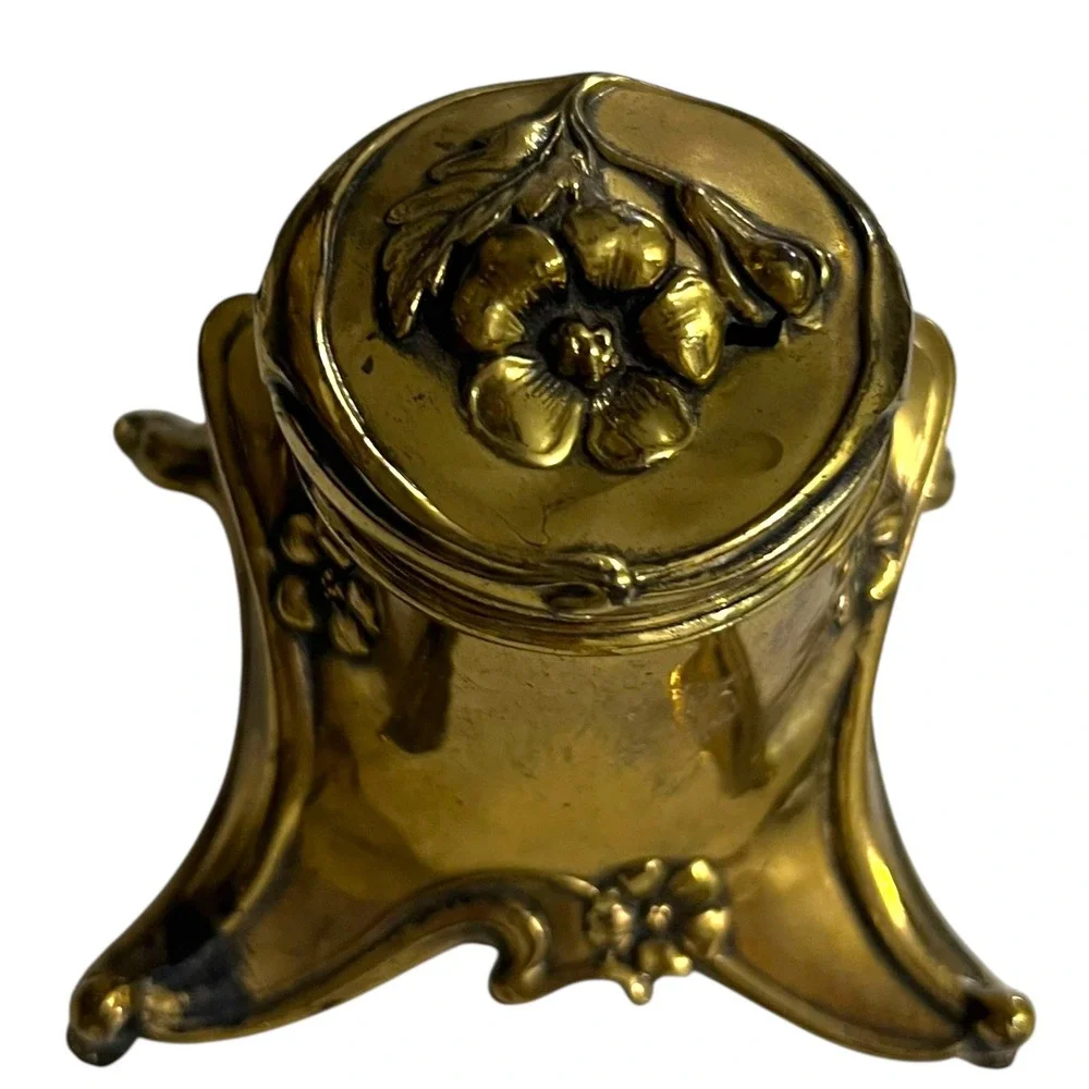 Vintage Brass Art Nouveau Floral Desk‎ Accessory Inkwell or Trinket Box